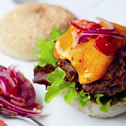 Red Leicester Burgers with Tomato and Onion Relish