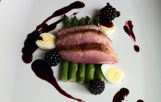 Duck with Asparagus and Blackberries