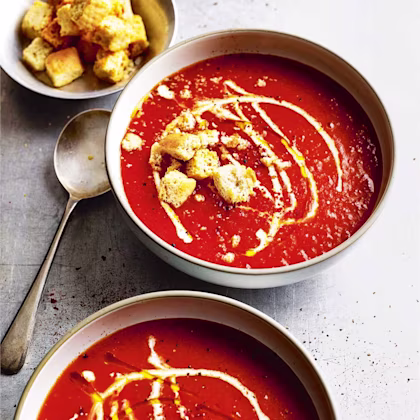 Smoky Tomato Soup with Garlicky Croutons