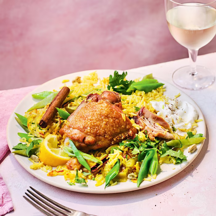 Crispy Chicken with Runner Bean and Saffron Pilaf