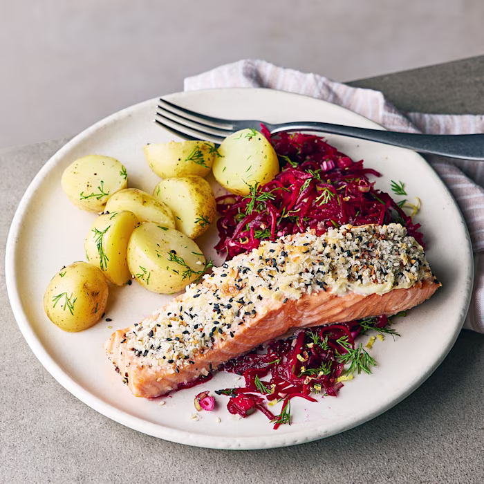 Everything’ Roast Salmon with Dill Pickle Slaw
