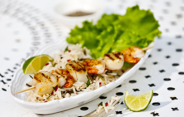 Scallop and Prawn Kebabs with Chilli and Lime Wild Rice
