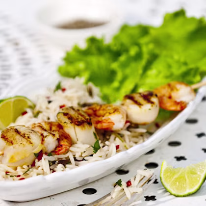 Scallop and Prawn Kebabs with Chilli and Lime Wild Rice