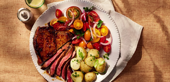 steak, crushed new potatoes