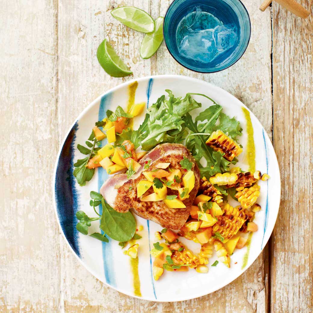 Tuna with Papaya, Mango & Lime Salsa & Grilled Corn