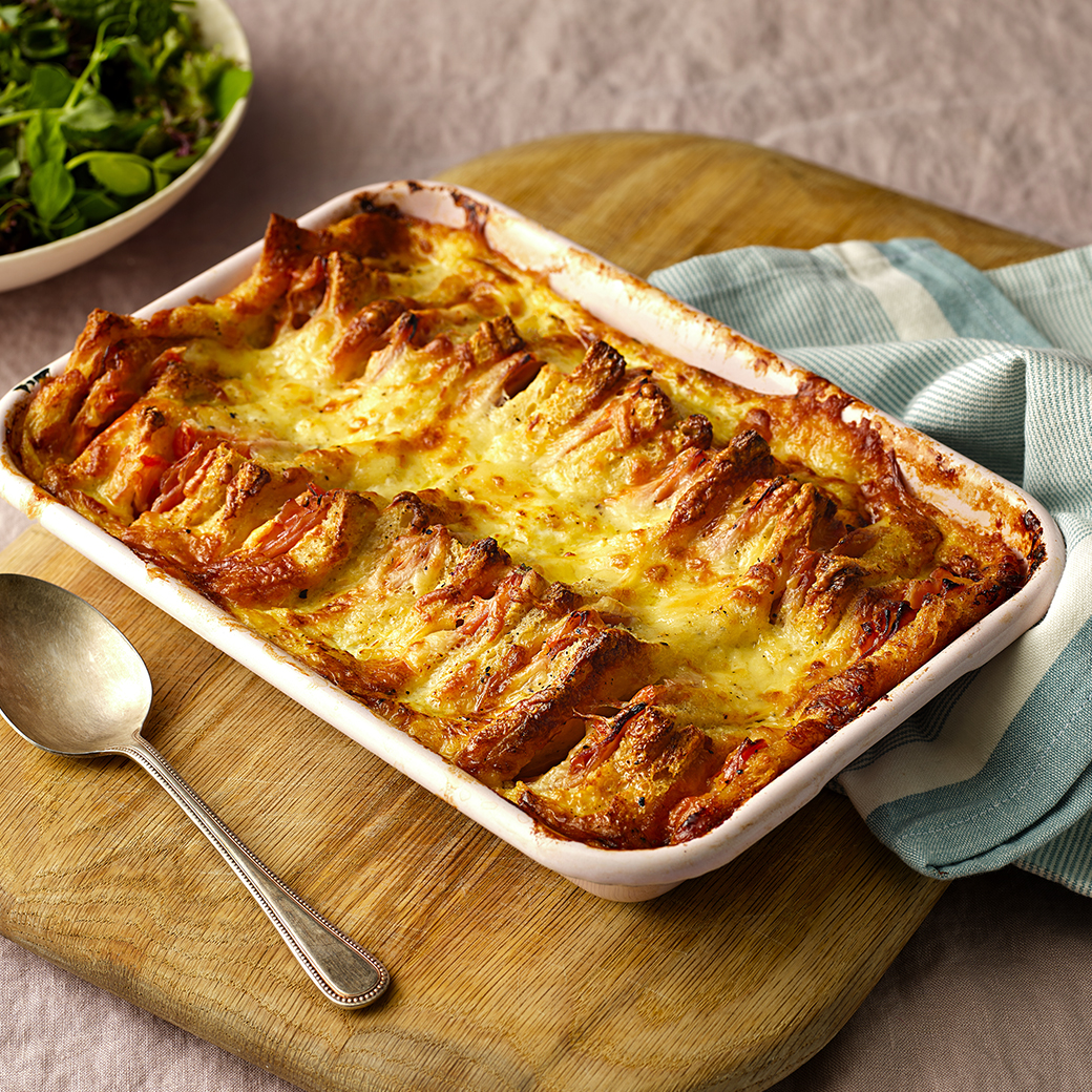 Ham, Cheese and Tomato Bread and Butter Bake