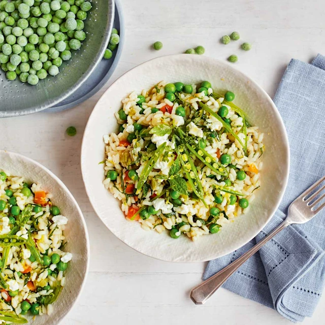 Soffritto Risotto with Pea, Mint & Goat's Cheese