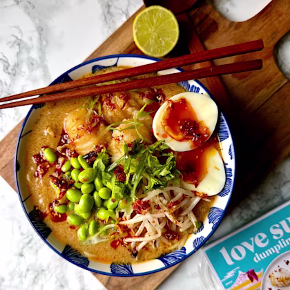 Red curry ramen with dumplings