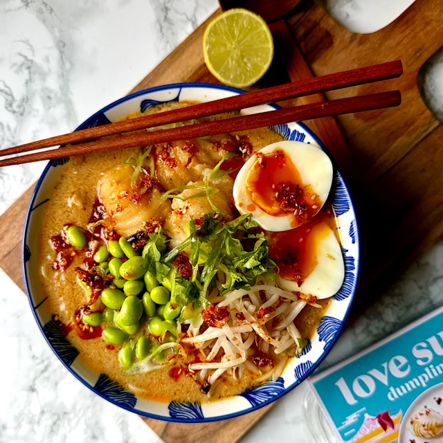 Red curry ramen with dumplings