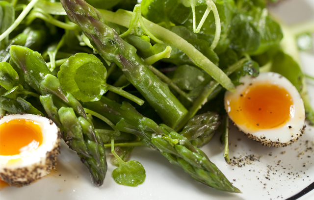 Asparagus with Peppered Soft Boiled Quails' Eggs, Watercress and Wasabi Dressing