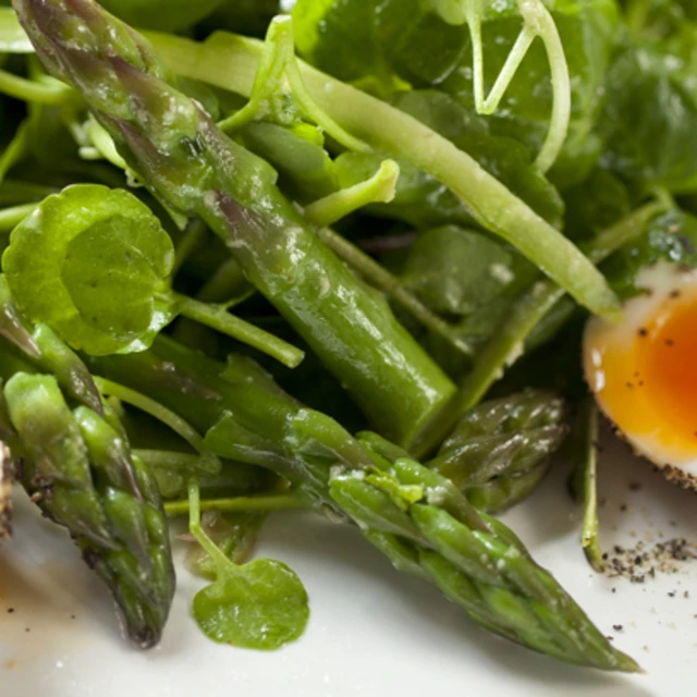 Asparagus with Peppered Soft Boiled Quails' Eggs, Watercress and Wasabi Dressing