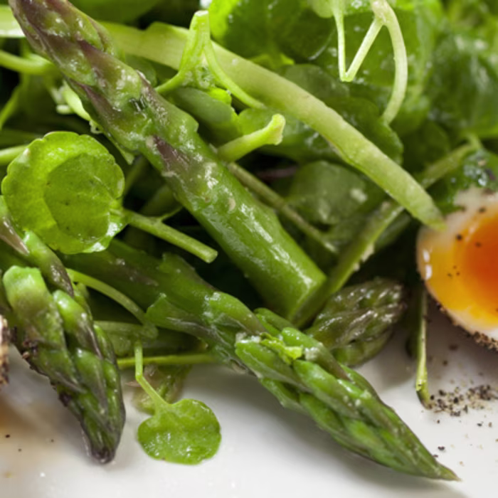 Asparagus with Peppered Soft Boiled Quails' Eggs, Watercress and Wasabi Dressing