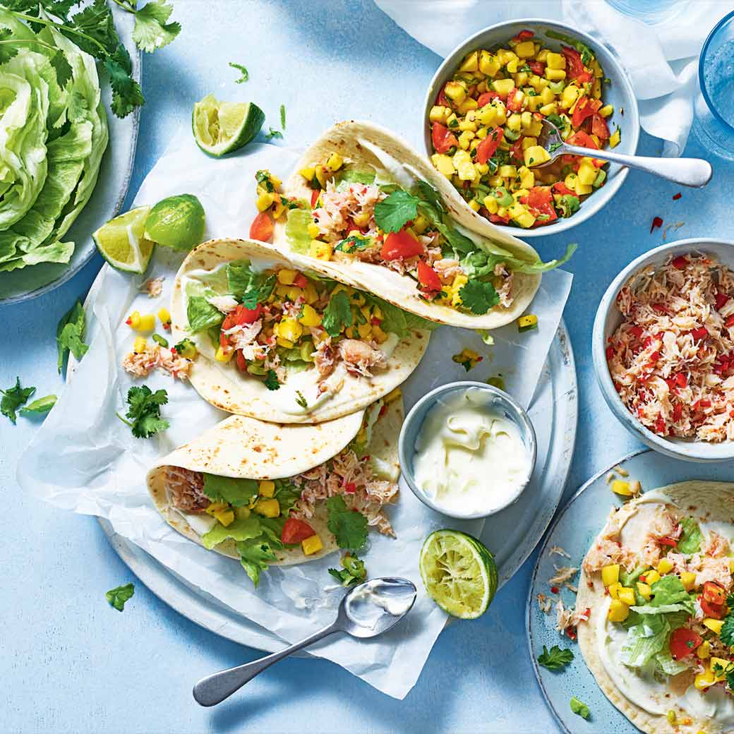 Crab Tacos with Coriander, Spring Onions and Mango