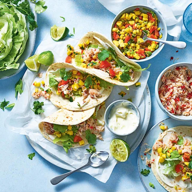 Crab Tacos with Coriander, Spring Onions and Mango