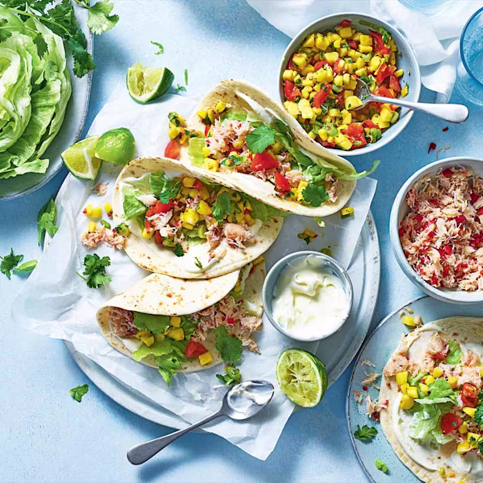 Crab Tacos with Coriander, Spring Onions and Mango
