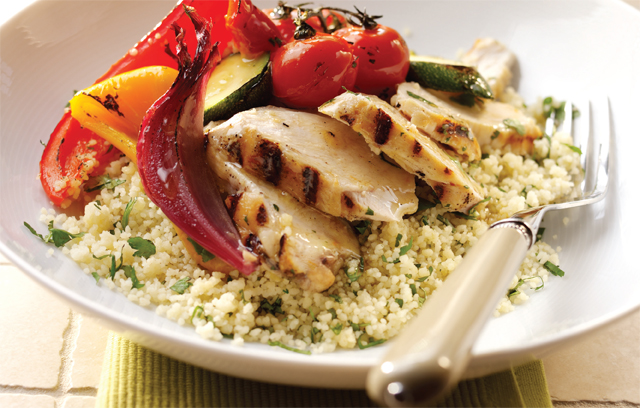 Barbecue Chicken with Coriander Couscous and Elderflower Roasted Vegetables