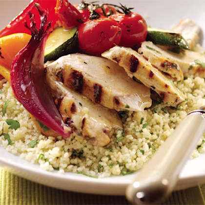 Barbecue Chicken with Coriander Couscous and Elderflower Roasted Vegetables