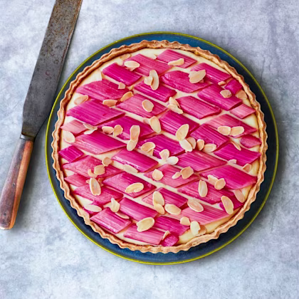 Rhubarb, custard and almond tart