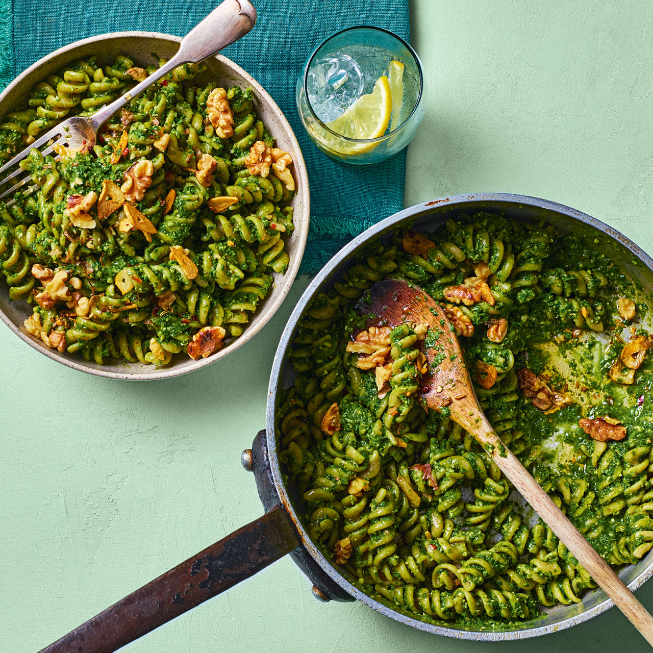 Kale, Spinach and Walnut Pesto Pasta