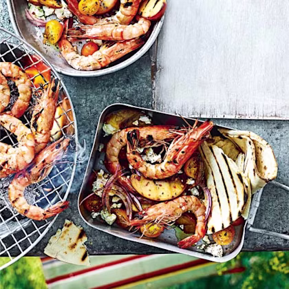 Grilled prawns and peaches with cherry tomatoes, feta and flatbreads
