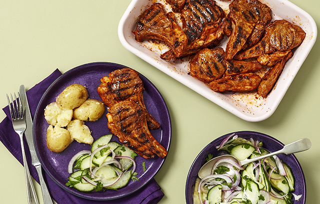 Red Pesto Lamb Chops with Crushed Potatoes and Cucumber Salad