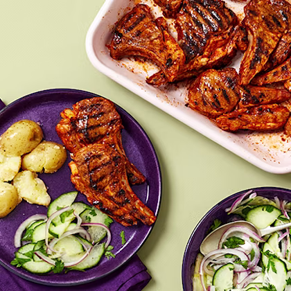 Red Pesto Lamb Chops with Crushed Potatoes and Cucumber Salad
