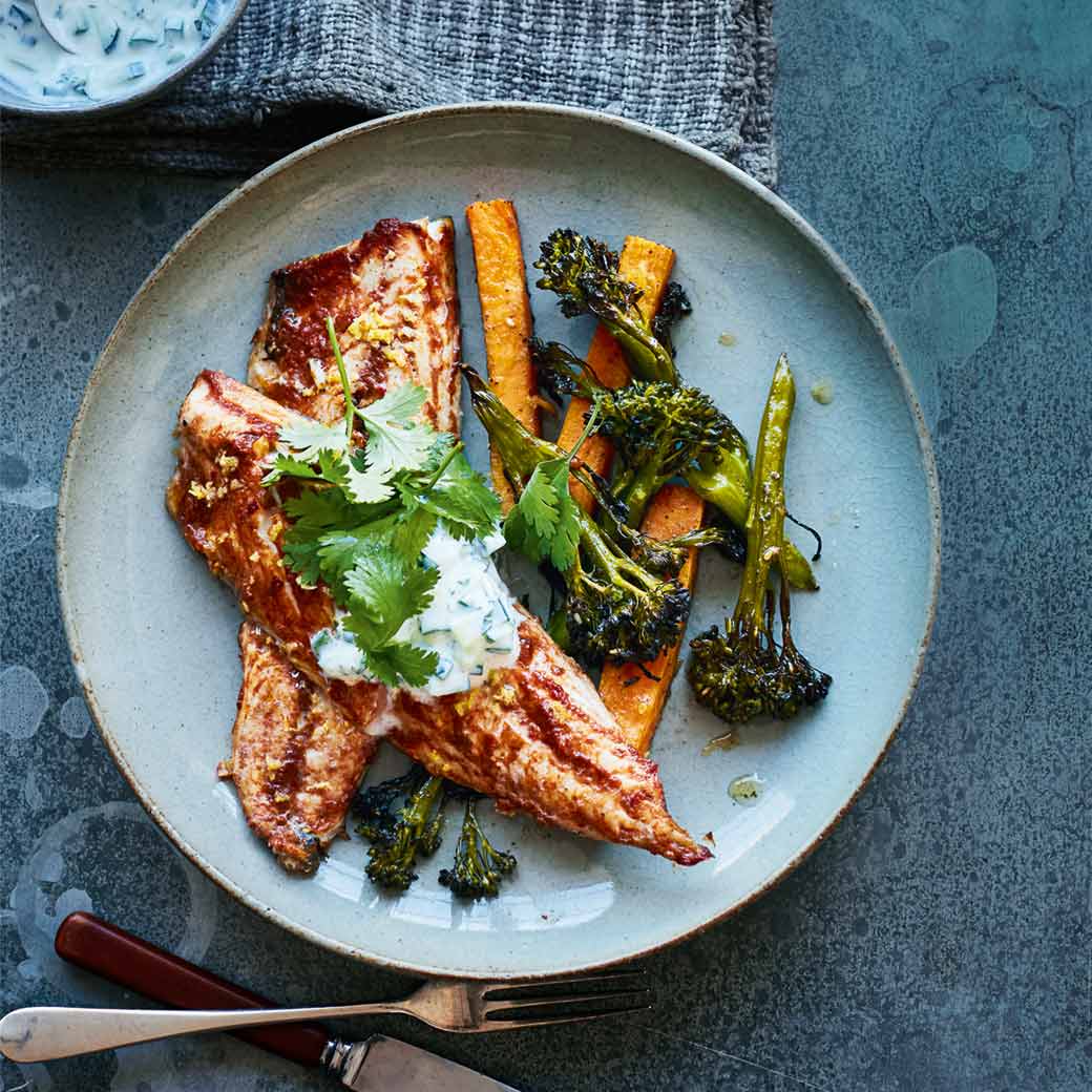 Mackerel with Harissa, Sweet Potato Chips & Charred Tenderstem Broccoli