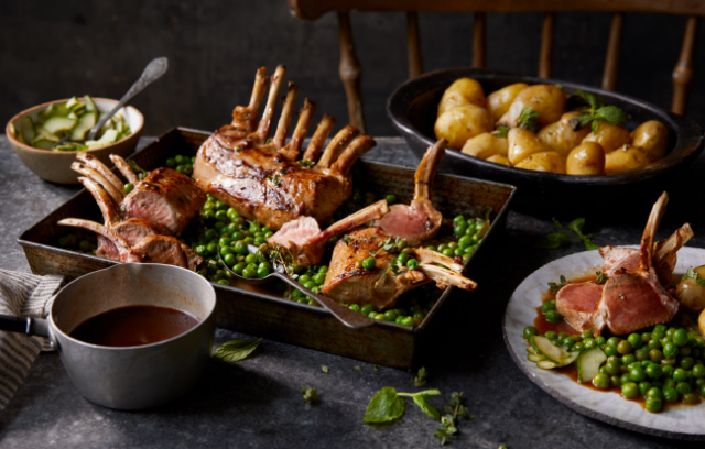 Rack of Lamb with Braised Peas, New Potatoes, Pickled Cucumber & Lamb Sauce