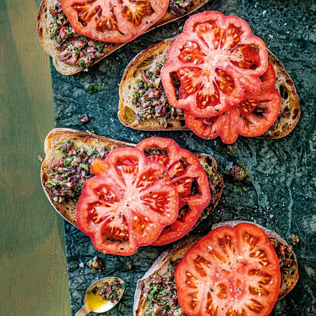 Beefsteak Tomatoes with Black Olive and Orange Tapenade
