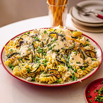 Lemony Pea and Courgette Pasta with Baked Ricotta