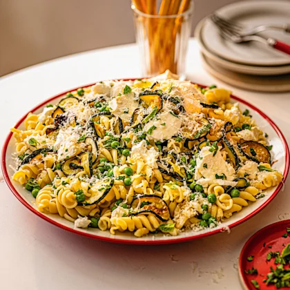 Lemony Pea and Courgette Pasta with Baked Ricotta
