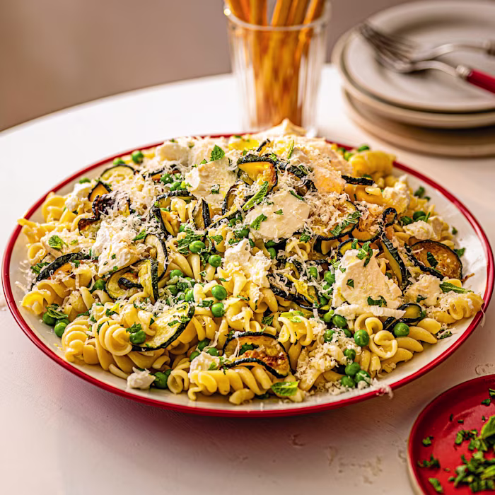 Lemony Pea and Courgette Pasta with Baked Ricotta