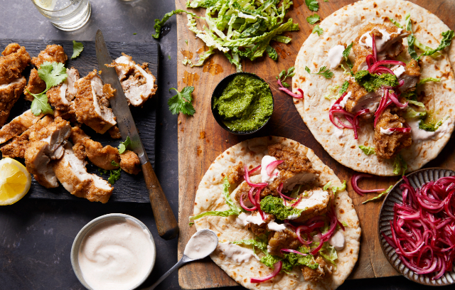 Keralan Spiced Chicken Roti Wraps with Pickled Onions, Cabbage Slaw and Coriander Chutney