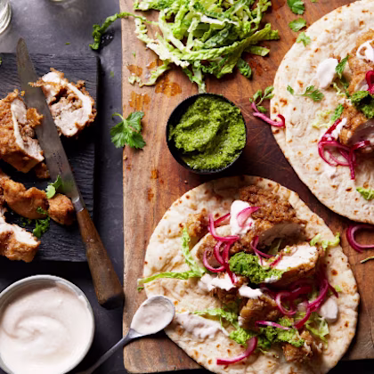 Keralan Spiced Chicken Roti Wraps with Pickled Onions, Cabbage Slaw and Coriander Chutney