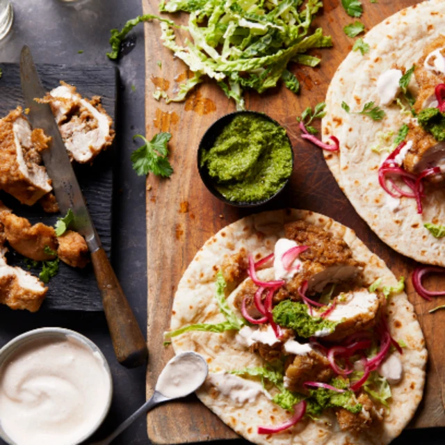 Keralan Spiced Chicken Roti Wraps with Pickled Onions, Cabbage Slaw and Coriander Chutney