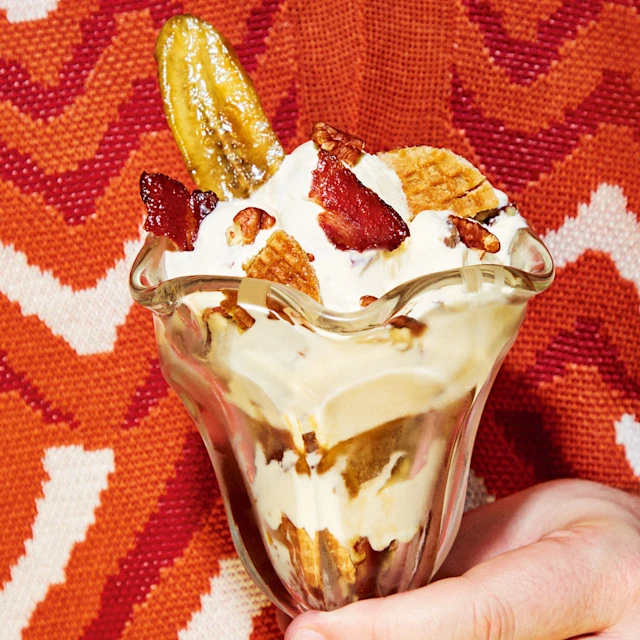 No-churn Pecan, Banana and Maple Bacon Sundae
