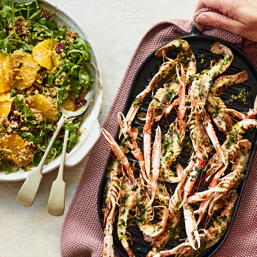 Orange, Pistachio and Cranberry Quinoa with Langoustines