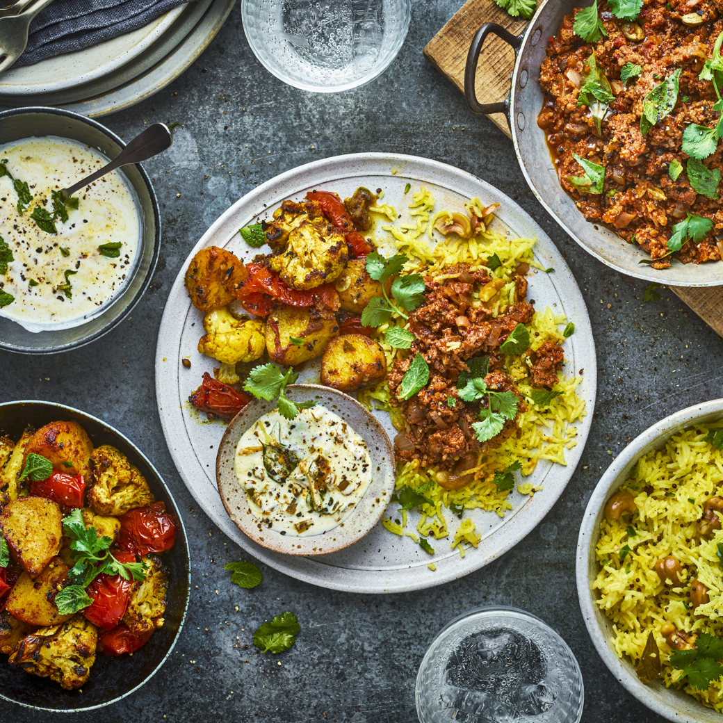 Lamb Masala Keema, Aloo Gobi and Lemon Rice