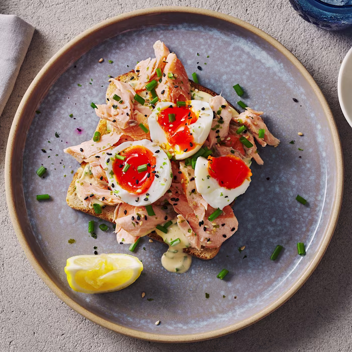 Salmon and Sriracha Mayo on Toast with Soft Boiled Egg