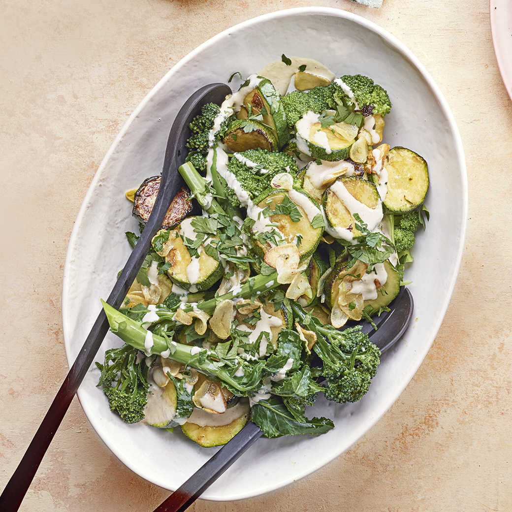 Courgettes, Purple Sprouting Broccoli and Tahini