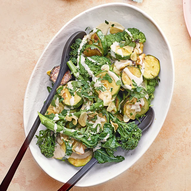 Courgettes, Purple Sprouting Broccoli and Tahini