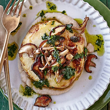 Celeriac Steaks, Miso Mushrooms, Bean Mash and Herb Oil