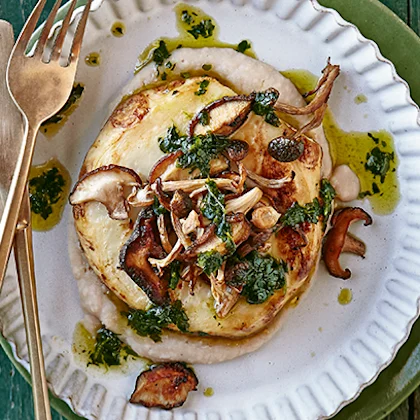 Celeriac Steaks, Miso Mushrooms, Bean Mash and Herb Oil