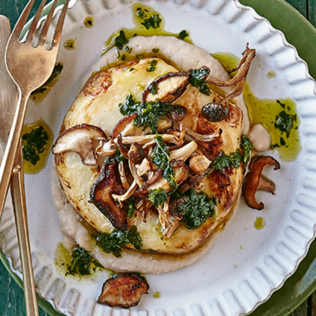 Celeriac Steaks, Miso Mushrooms, Bean Mash and Herb Oil