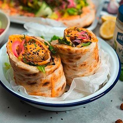 Falafel Flatbread Wraps with a Vegan Mayo Dressing