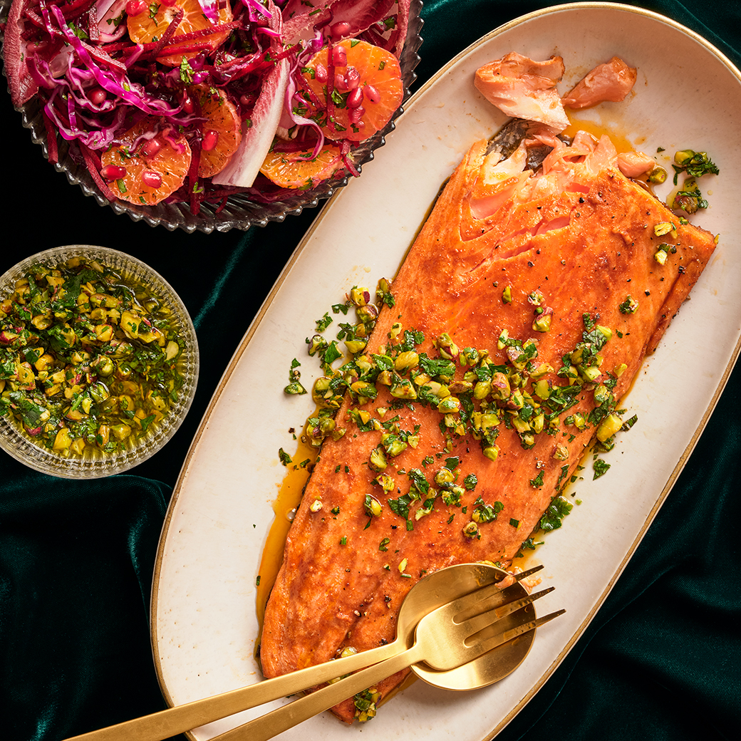 Roast Salmon with Jewelled Slaw and Pistachio Salsa
