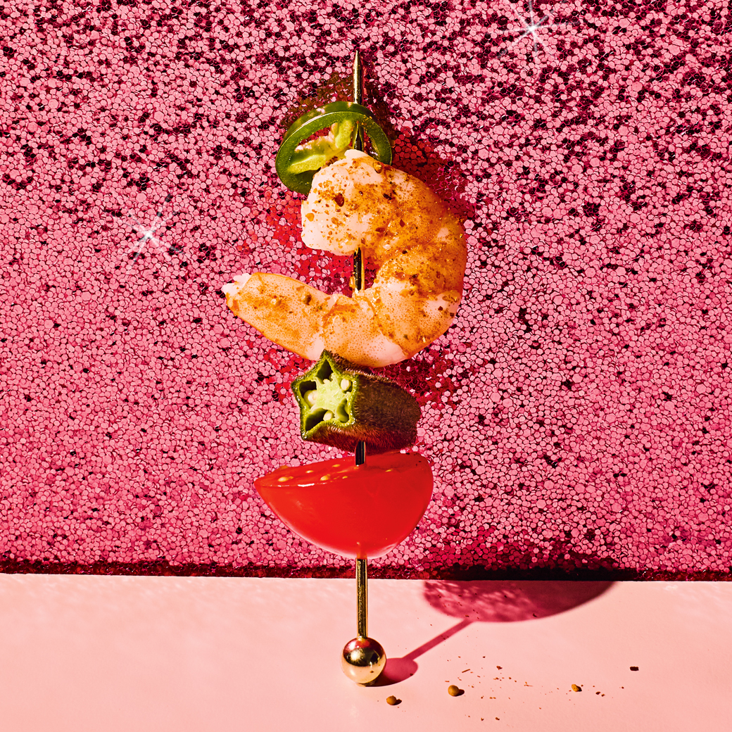 Cajun Prawns with Pickled Okra Party Bites