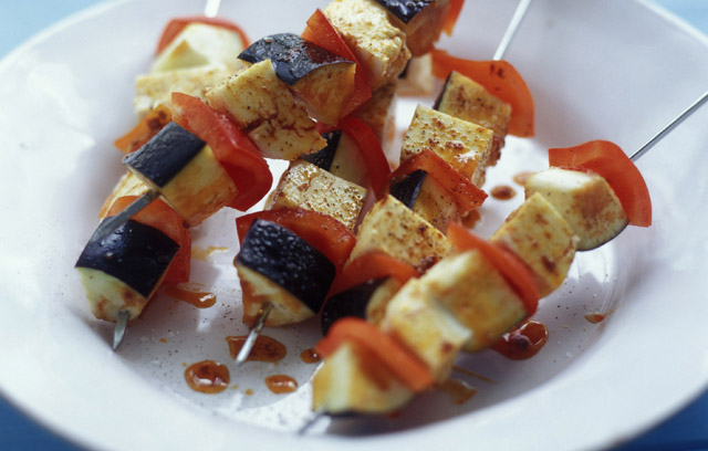 Halloumi, Red Pepper and Aubergine Kebabs