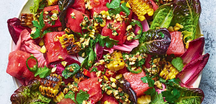 Spicy Watermelon and Charred Corn Salad with Jalapeño Salsa