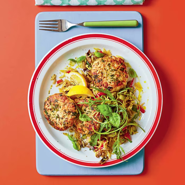 Basil and Smoked Houmous Turkey Patties With Summer Vegetable Rice